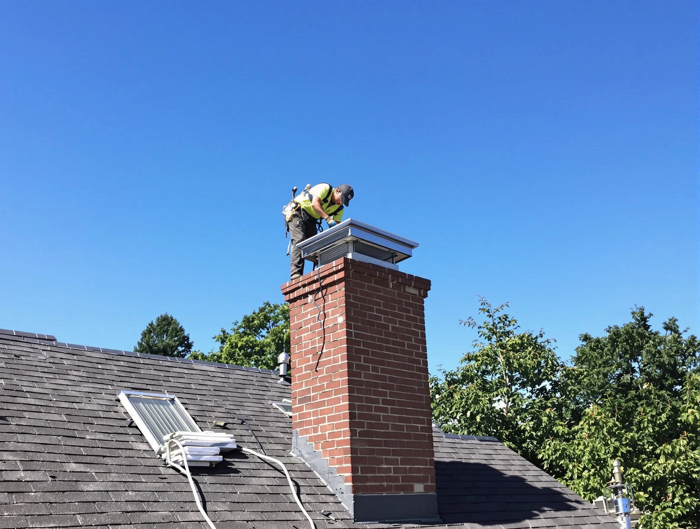 Union Chimney Sweep technician measuring a chimney cap in Union, NJ
